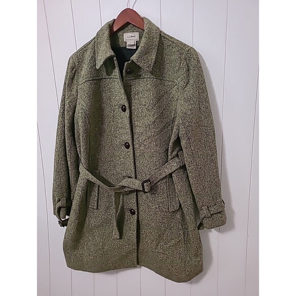 LL Bean Peacoat Womens Large Green Wool Silk Belt Vintage Fall Winter Classic - Picture 3 of 10